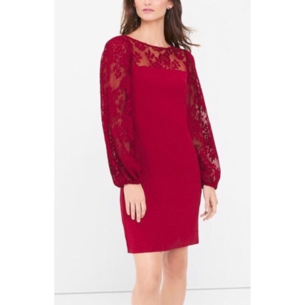 WHBM Metallic floral lace puff sleeve shift dress
